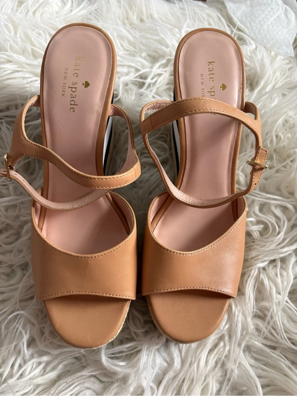 Kate Spade Tan Leather Striped Espadrille Platform Wedge Sandals 10M